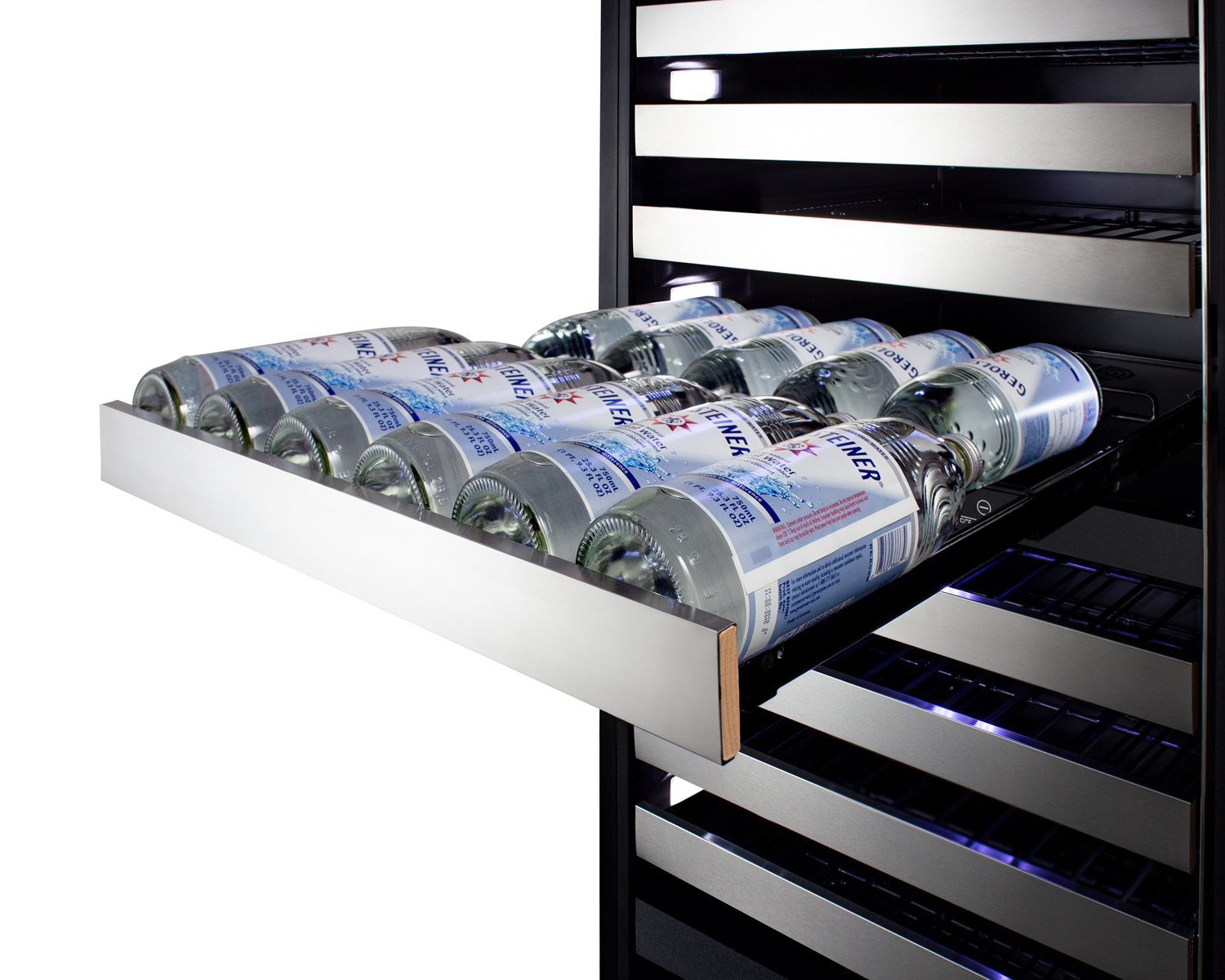Triple zone 149 bottle commercial wine cellar for built-in or freestanding use, with a glass door with seamless stainless steel trim, digital thermostats, full-extension shelving, and factory-installed lock